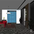 Hotel Public Lounge Area Featuring Red Sofa Blue Door Plants and Sunlight Through Shutter Blinds