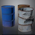 Colorful Rusty Oil Drums With Blue Red And Weathered Metal Surfaces