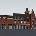 Elegant Red Brick Commercial Complex With Tower Spire And Classic Window Design 3d model