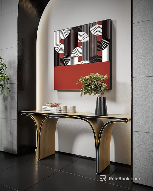 Modern Wooden Console Table Interior With Abstract Wall Art And Green Plant 3d model 