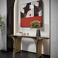 Modern Wooden Console Table Interior With Abstract Wall Art And Green Plant