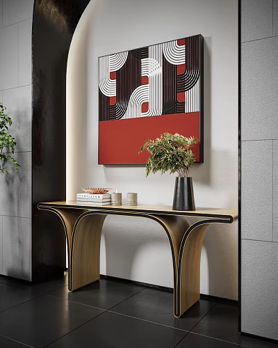 Modern Wooden Console Table Interior With Abstract Wall Art And Green Plant 3d model
