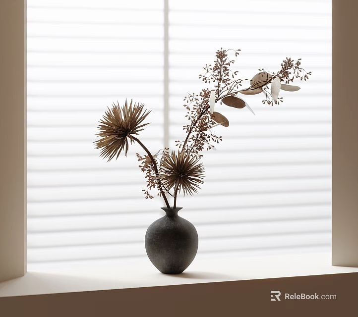 Minimalist Ceramic Vase With Dried Floral Stems On Window Sill With Natural Light And Blinds 3d model 