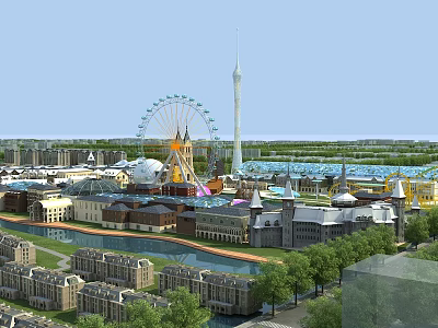 Amusement Park Featuring Ferris Wheel Tall Tower River and Lush Trees 3d model