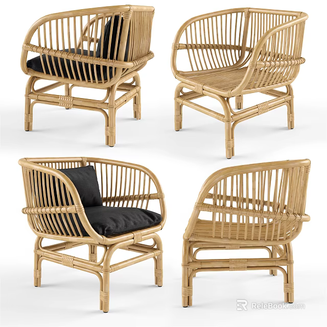 Set of Four Natural Rattan Leisure Chairs With Black Cushions And Armrests 3d model 