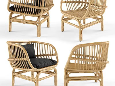 Set of Four Natural Rattan Leisure Chairs With Black Cushions And Armrests 3d model