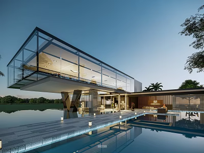 Modern Glass Villa With Cantilever Design Swimming Pool And Waterfront View At Dusk 3d model