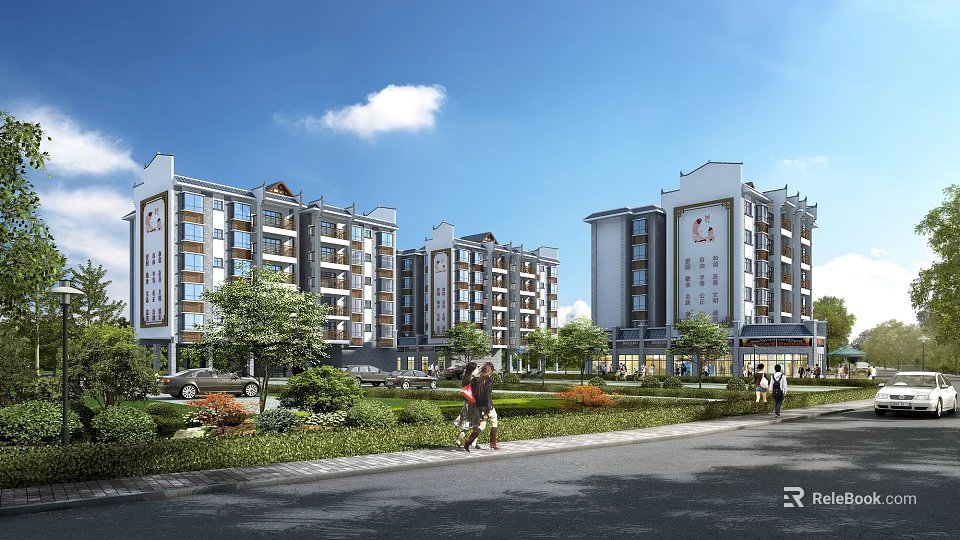 Modern Mid Rise Residential Buildings With Traditional Roof Design Lush Greenery And Community Area 3d model 