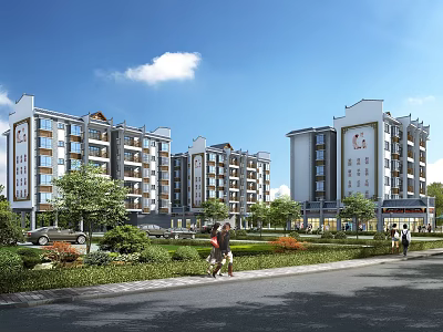 Modern Mid Rise Residential Buildings With Traditional Roof Design Lush Greenery And Community Area 3d model
