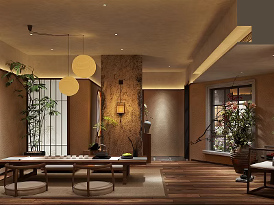 Traditional Japanese Restaurant Interior With Wooden Floors Hanging Pendant Lights And Green Plants 3d model