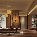 Traditional Japanese Restaurant Interior With Wooden Floors Hanging Pendant Lights And Green Plants
