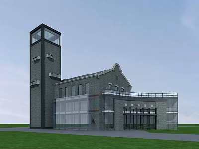 Modern Commercial Complex With Gray Exterior Glass Curtain Walls And Tower Structure 3d model