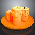 Orange Candles With Melting Wax On Wooden Tray For Home Decor