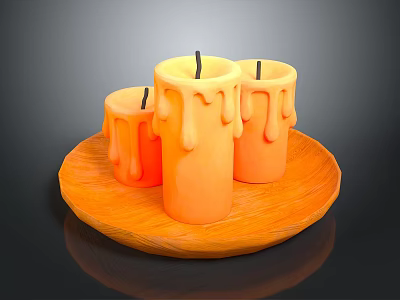 Orange Candles With Melting Wax On Wooden Tray For Home Decor 3d model