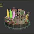 Miniature Building Model With Stone Walls Red Roof Terrace Cypress Trees And Circular Base
