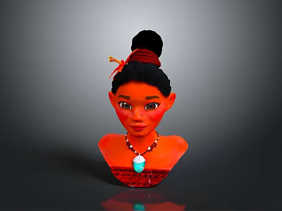Red Skinned Female Character With Black Bun Hairstyle Red Hair Ribbon Blue Necklace Red Outfit 3d model