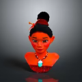Red Skinned Female Character With Black Bun Hairstyle Red Hair Ribbon Blue Necklace Red Outfit