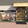 Courtyard Garden With White Pergola Picket Gate Orange Planters Purple White Flowers and Brick Pavement