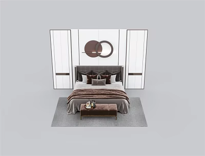 Modern Double Bed With Circular Wall Decor Upholstered Headboard And Soft Bedding 3d model