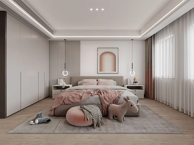 Soft Kids Room Interior With Pink Bedding Stuffed Toy Decorative Painting And Cozy Rug 3d model