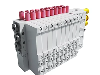 Electrical Terminal Block With Multiple Pink Terminals Gray Base And Yellow Components 3d model