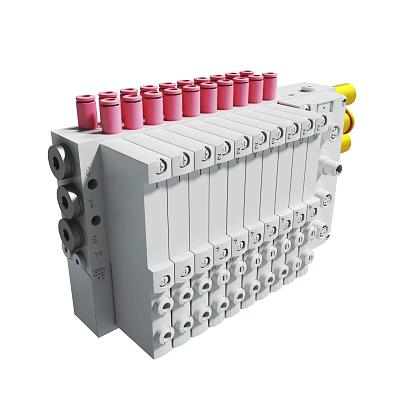 Electrical Terminal Block With Multiple Pink Terminals Gray Base And Yellow Components 3d model