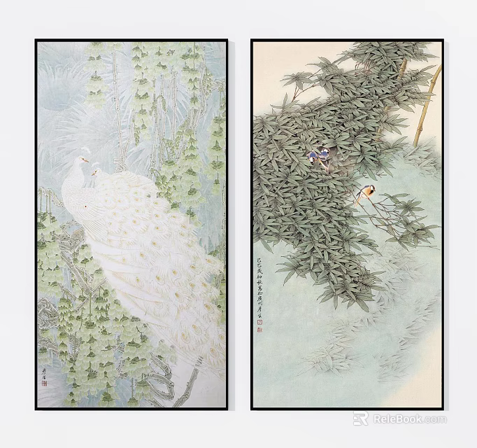 Traditional Chinese Paintings With White Peacock Bamboo And Birds Artwork 3d model 