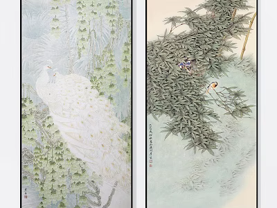 Traditional Chinese Paintings With White Peacock Bamboo And Birds Artwork 3d model