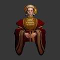 Medieval Female Character in Red and Gold Ornate Costume with Decorative Headdress