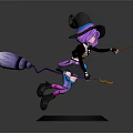 Witch Character Riding Broomstick Holding Magic Wand Black Hat Colorful Pants
