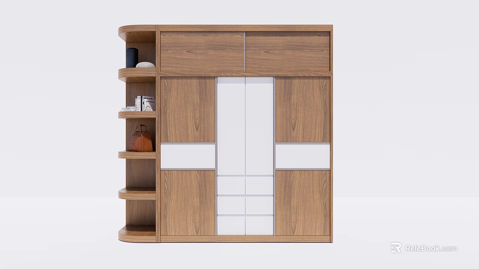 Modern Wooden Wardrobe With Cabinet Doors Open Shelves White Central Panel And Decorative Items 3d model 