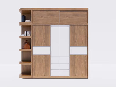 Modern Wooden Wardrobe With Cabinet Doors Open Shelves White Central Panel And Decorative Items 3d model