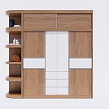 Modern Wooden Wardrobe With Cabinet Doors Open Shelves White Central Panel And Decorative Items