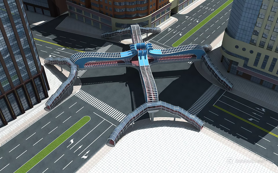 Modern Urban Bridge Structure With Multi Lane Overpass And Surrounding City Buildings 3d model 