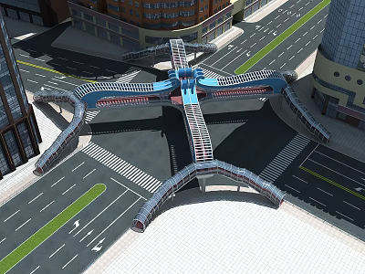 Modern Urban Bridge Structure With Multi Lane Overpass And Surrounding City Buildings 3d model