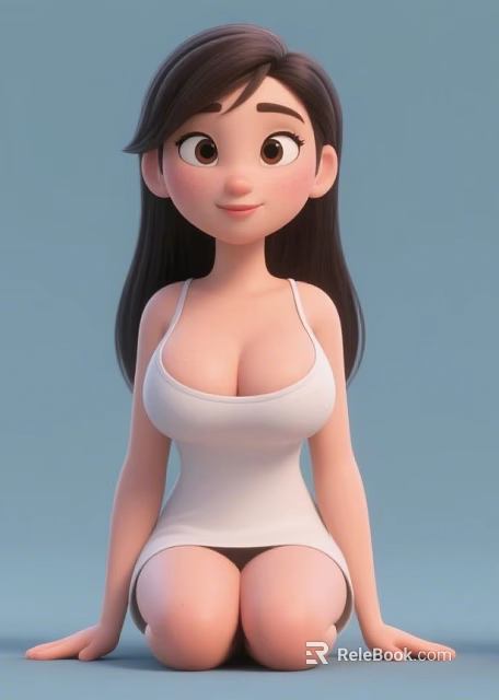 Cartoon Woman in White Tank Top with Long Hair against Light Blue Background 3d model 