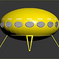 Yellow Flying Saucer Shaped Object With Pink Circular Windows And Thin Legs On Black Background