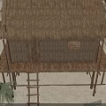 Traditional Thatched House With Thatched Roof Wooden Stilts Ladder And Palm Trees