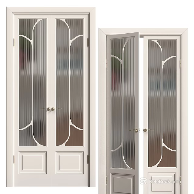 White Interior Swing Doors With Decorative Glass Panels And Curved Patterns 3d model 