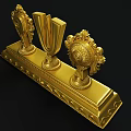 Golden Decorative Ornament Set With Harp Shaped Centerpiece Spiral Tassel Side Pieces On Wavy Base