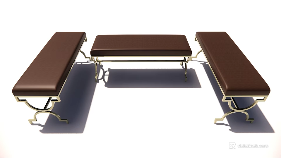 Three Brown Leather Footstools With Gold Metal Legs Modern Design Style 3d model 