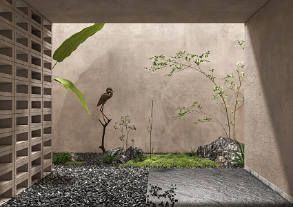 New Chinese style landscape sketch courtyard landscape sketch stone canna plantain moss pebbles 3d model