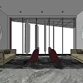Modern Sales Office Interior With Large Windows Beige Sofas Red Chairs Circular Wall Decor 3d model