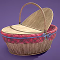 Wicker Storage Basket With Open Wooden Lid Red Plaid Fabric And Blue Bow Trim