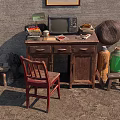 Vintage Wooden Desk with Old TV Lamp and Items Beside Red Chair and Retro Decor