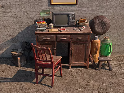 Vintage Wooden Desk with Old TV Lamp and Items Beside Red Chair and Retro Decor 3d model