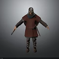 Medieval Warrior Character 3D Model Wearing Red Robe Helmet Holding Knife With Leg Armor Boots