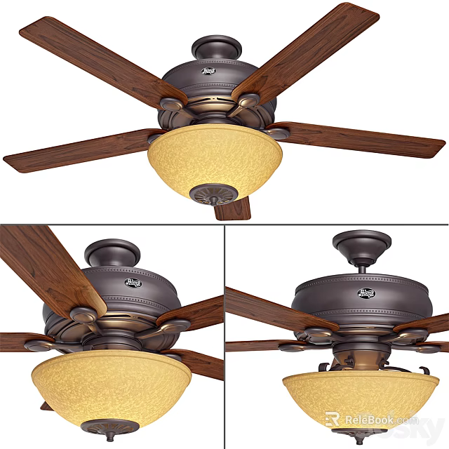 Classic Ceiling Fan Light With Wooden Blades Bronze Base And Yellow Lampshade Design 3d model 