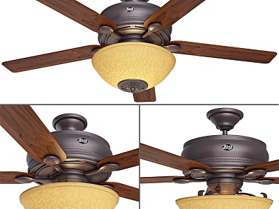 Classic Ceiling Fan Light With Wooden Blades Bronze Base And Yellow Lampshade Design 3d model