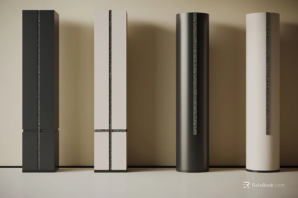 Modern Decorative Columns in Black and White Cylindrical Rectangular with Inlaid Stripes Arranged in Row 3d model 